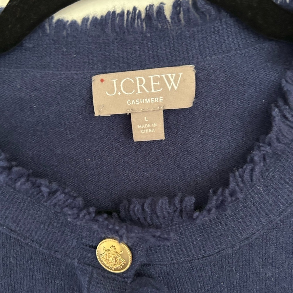 J. Crew Cashmere Blue White Striped fringe-trim sweater lady jacket Size Large - Picture 4 of 7